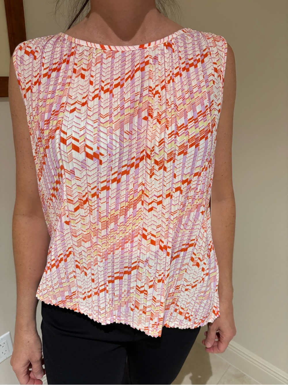 Liverpool Sleeveless Pleated Geo-Print Camisole in Orange, Pink & Cream